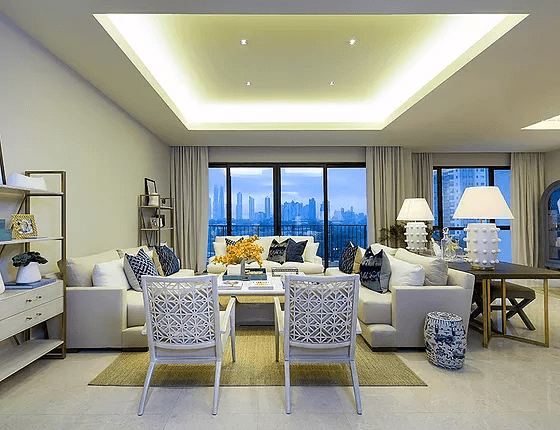 Living room with Panama City skyline views in a Santa María Court apartment