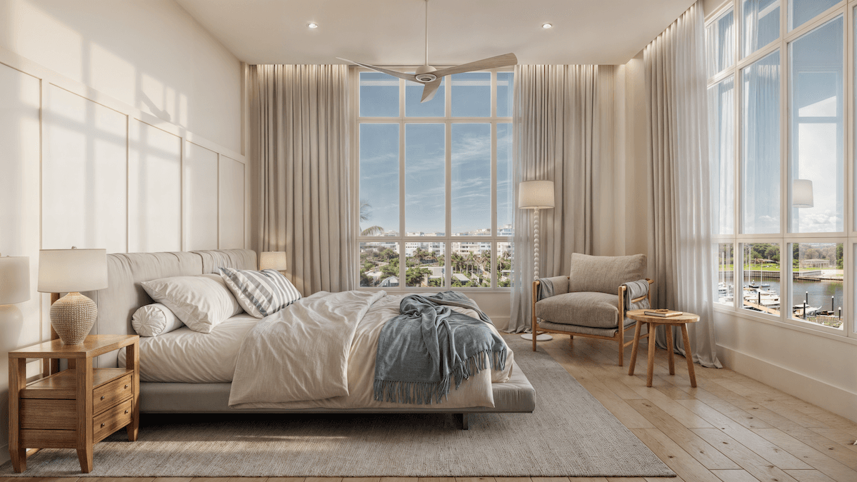 Rendering of a bedroom with marina views in a Marine Lodge apartment