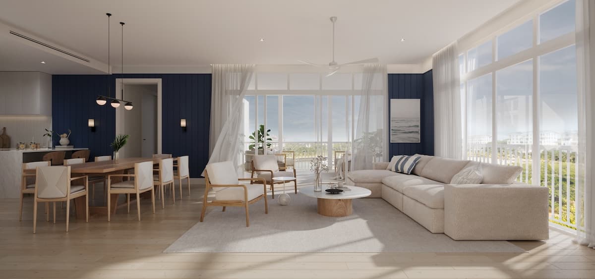 Rendering of the living and dining room of a Marine Lodge apartment