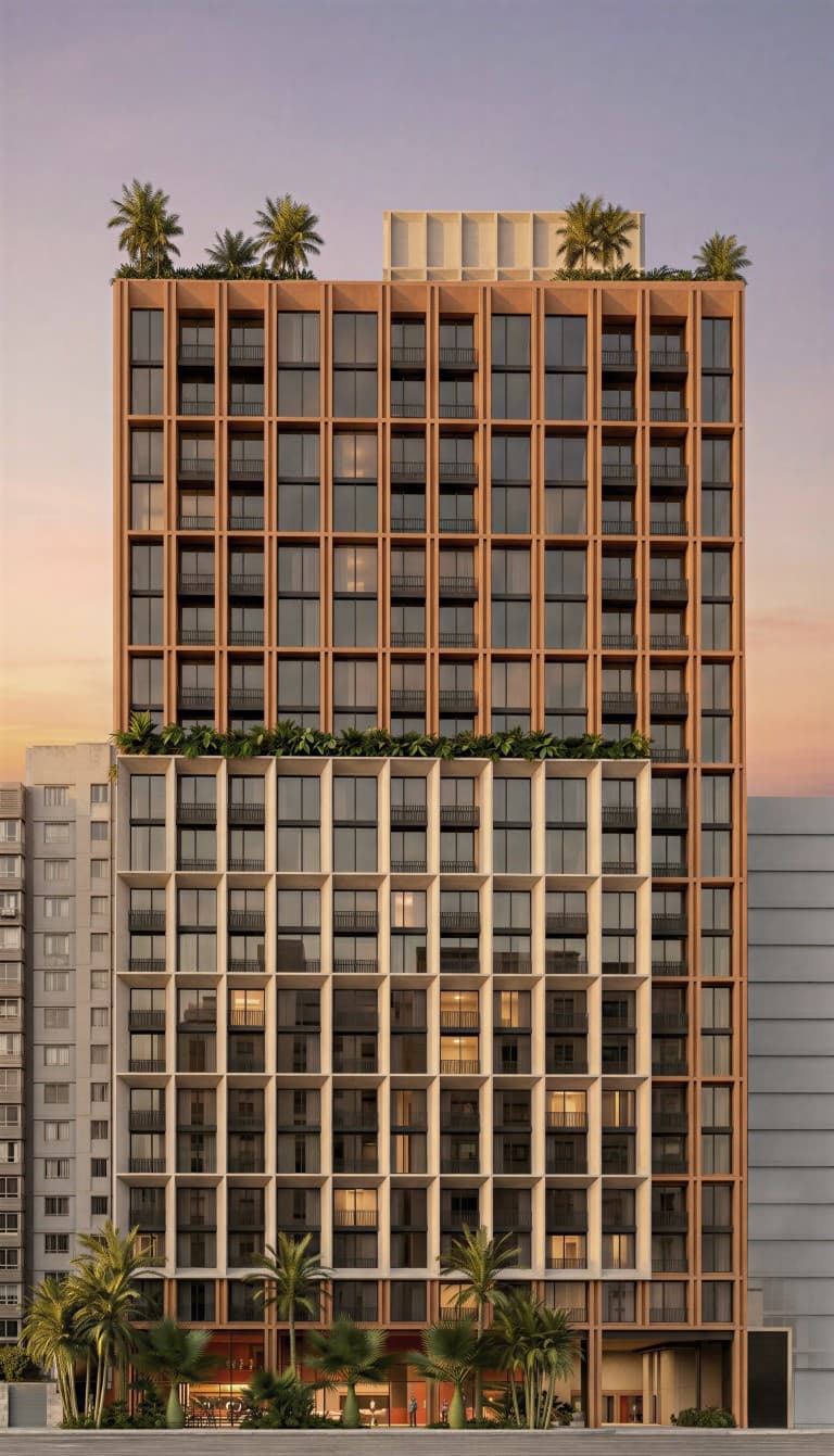 Vertical render of the VIBE Cinta Costera tower facade at dusk