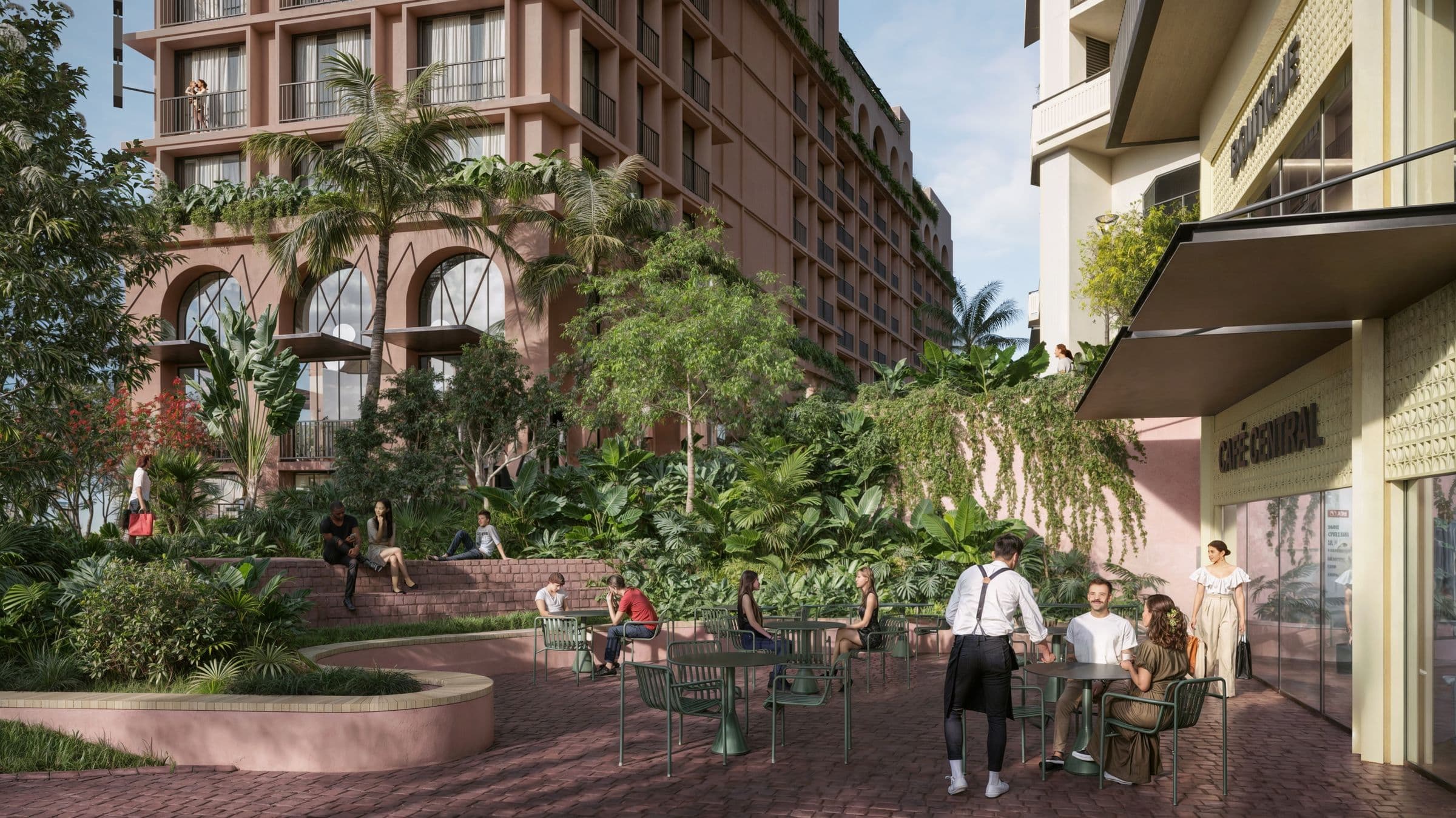 Garden walkway between the buildings of Gran Central, La Unión