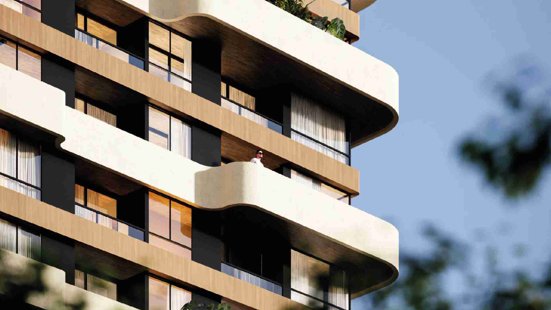 Render of the curved balconies on the Ventu Homtel facade in Bella Vista