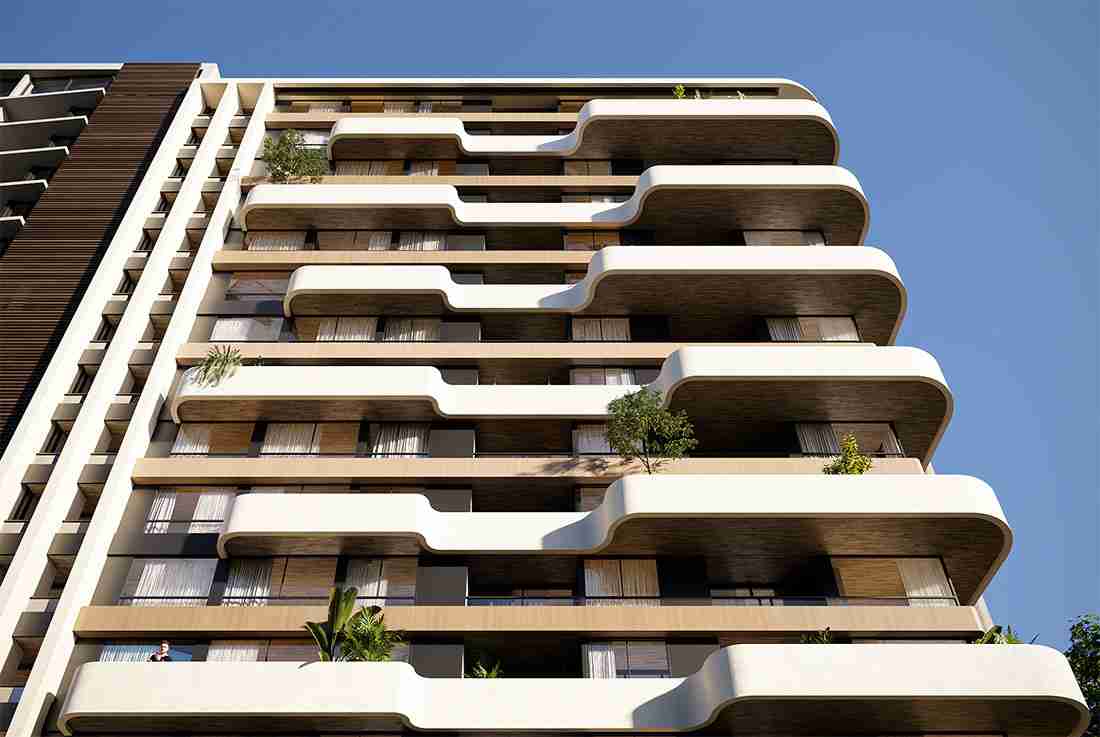 Render of the Ventu Homtel tower facade with its terraced balconies