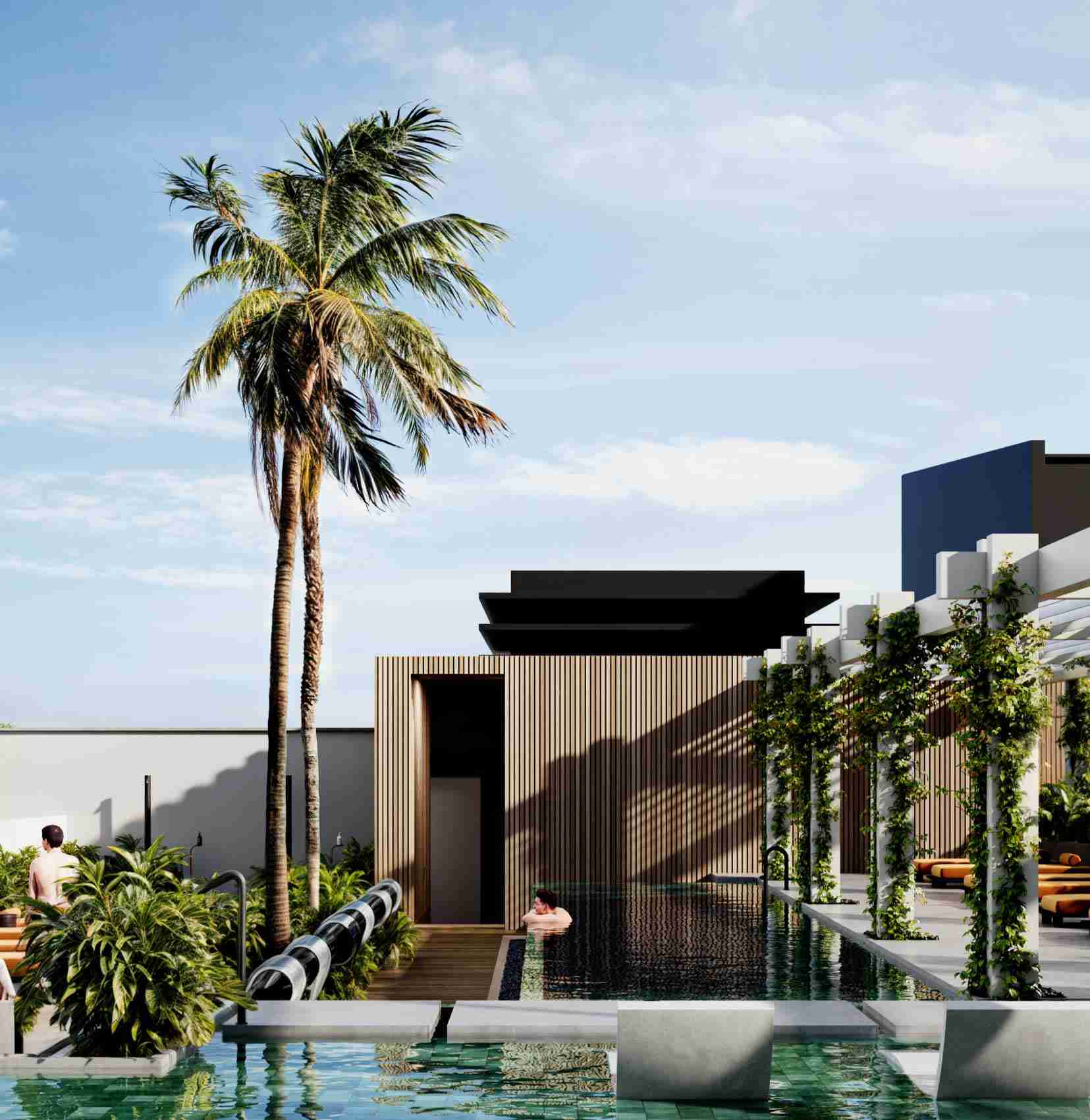 Pool terrace with palm trees at Ventu Homtel