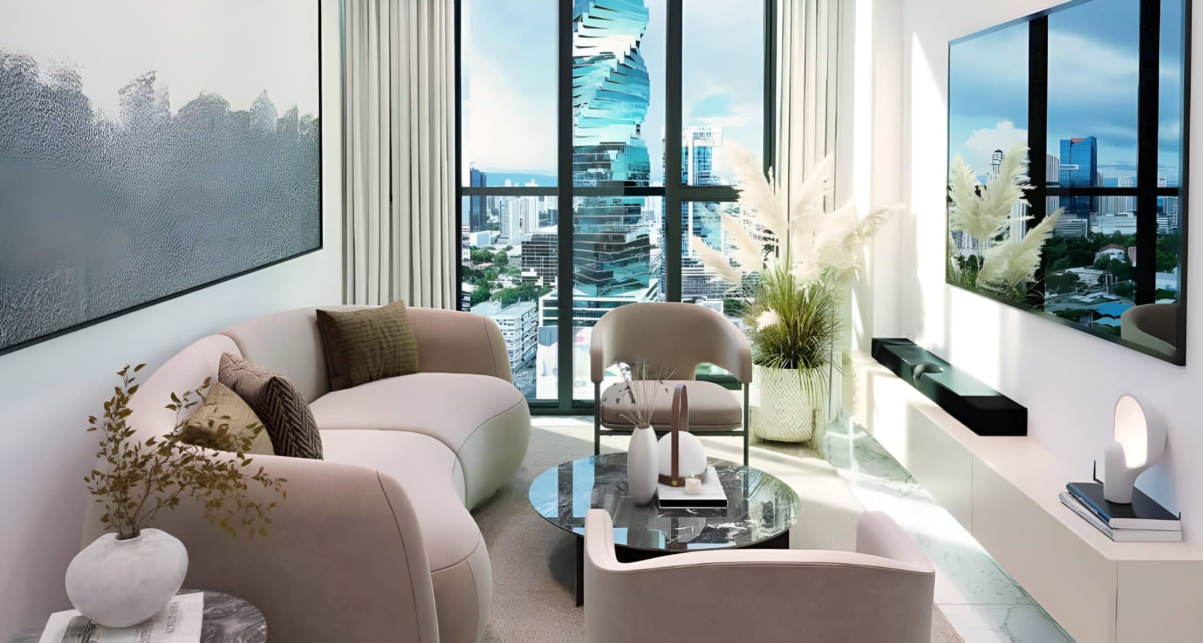 Apartment living room with floor-to-ceiling windows at The Walker Wellness Center