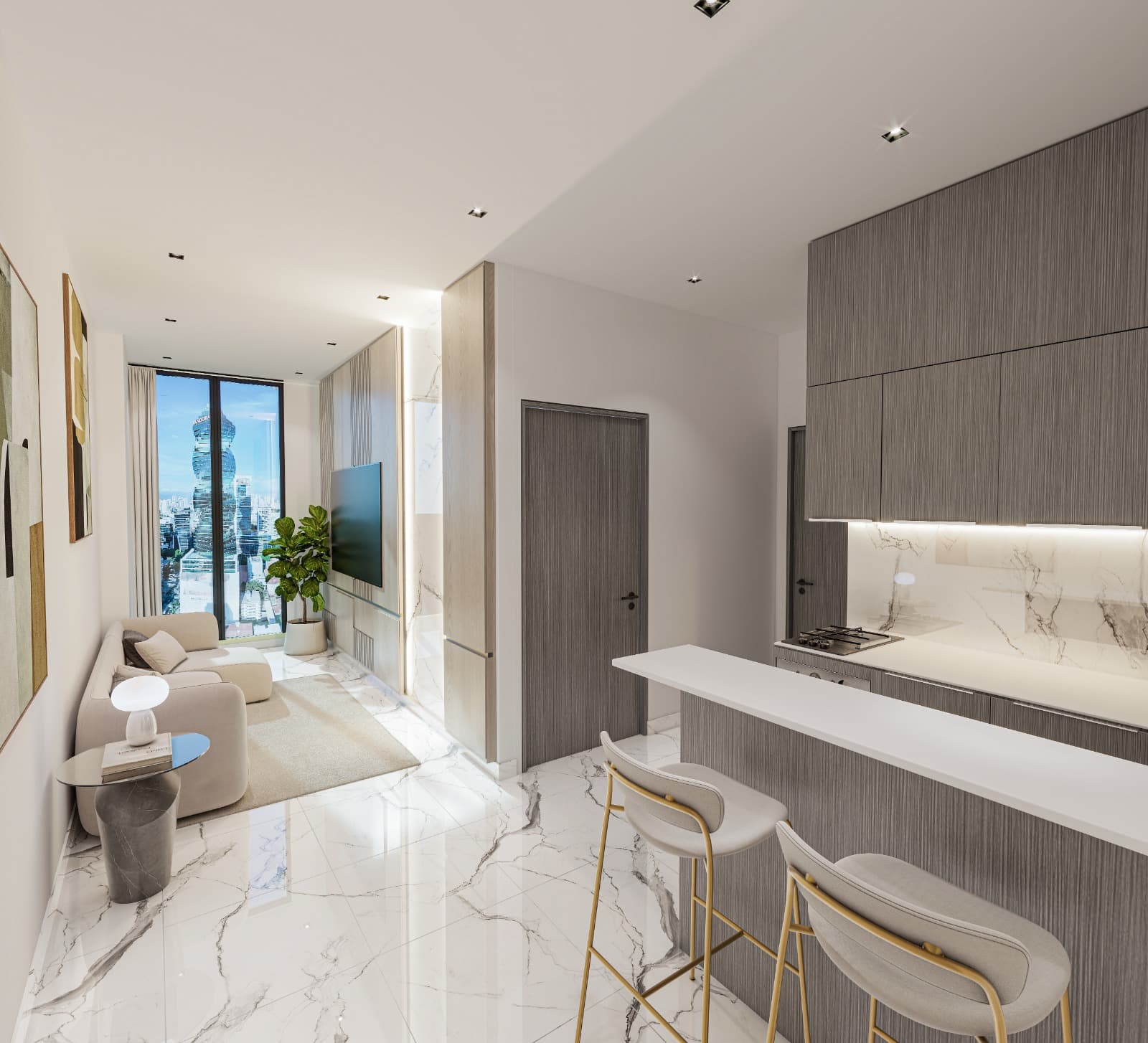 Compact apartment kitchen and living area at The Walker Wellness Center