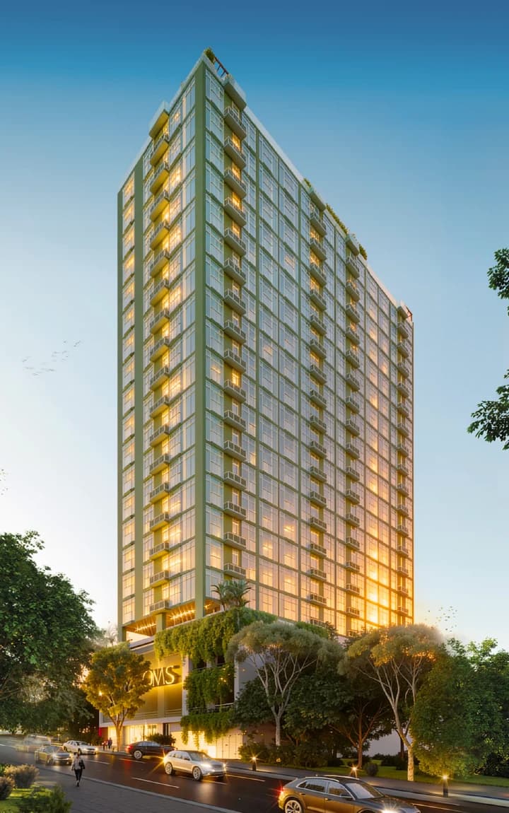 Vertical render of the Amazonas tower facade at dusk, Bella Vista