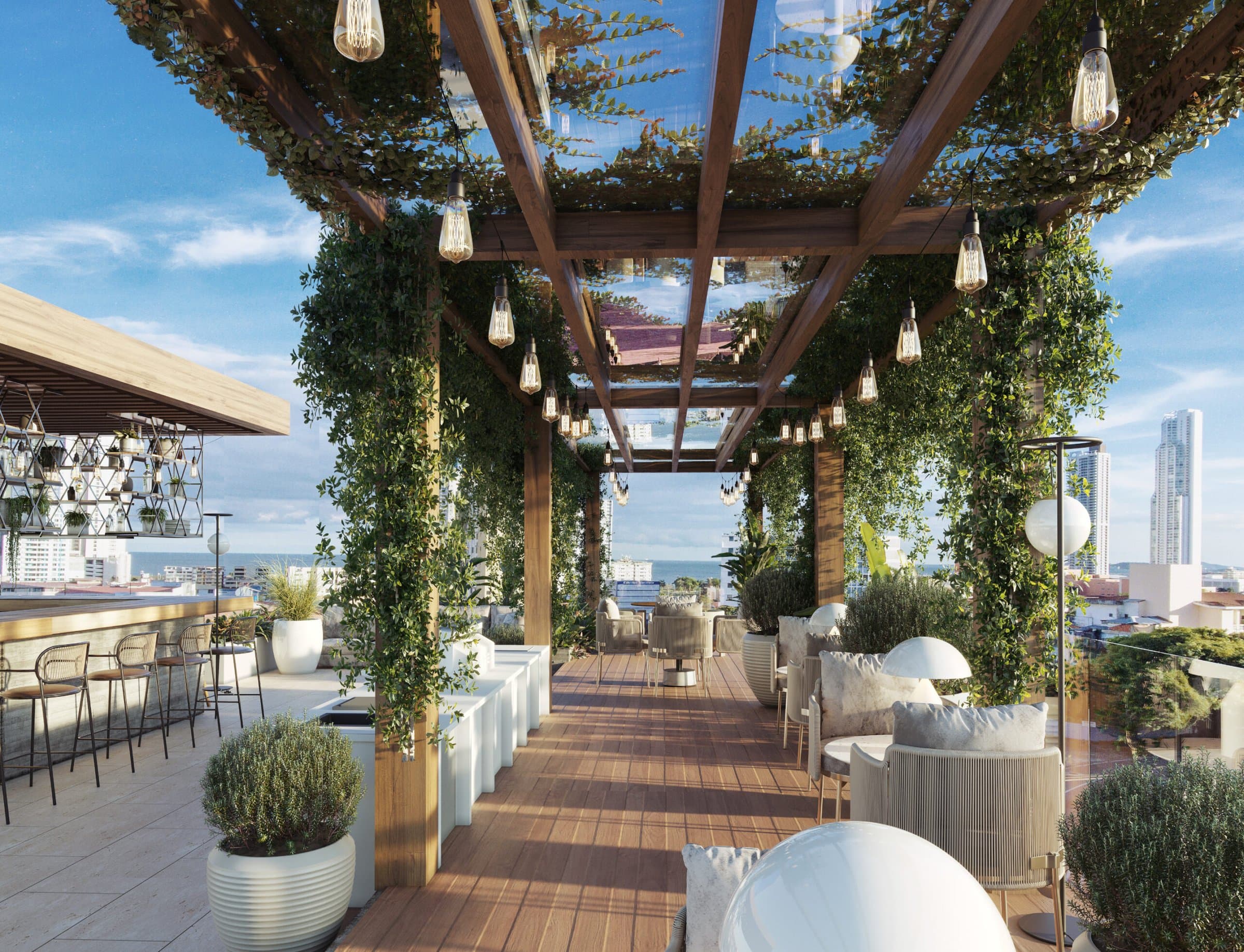 Rooftop restaurant and bar terrace under a pergola at Amazonas