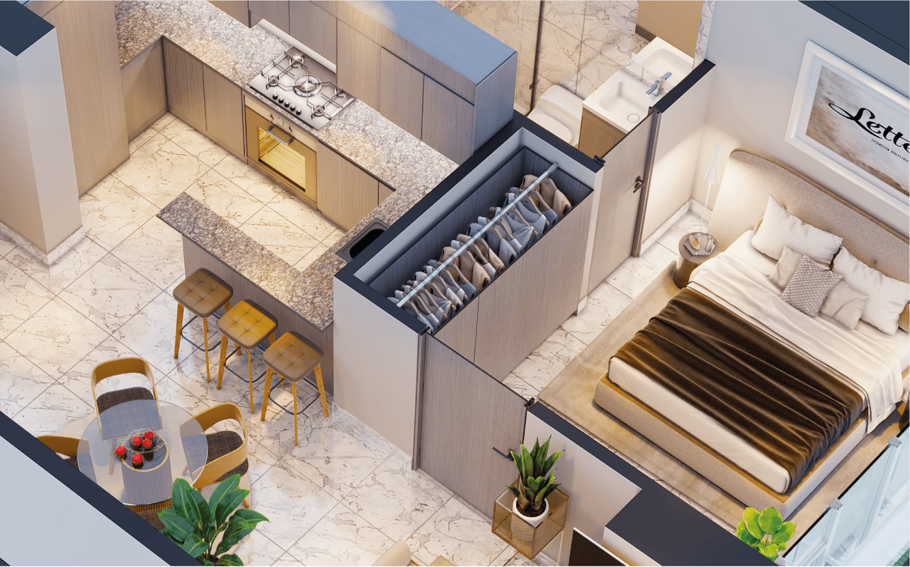 Cutaway render of a compact apartment interior at Amazonas