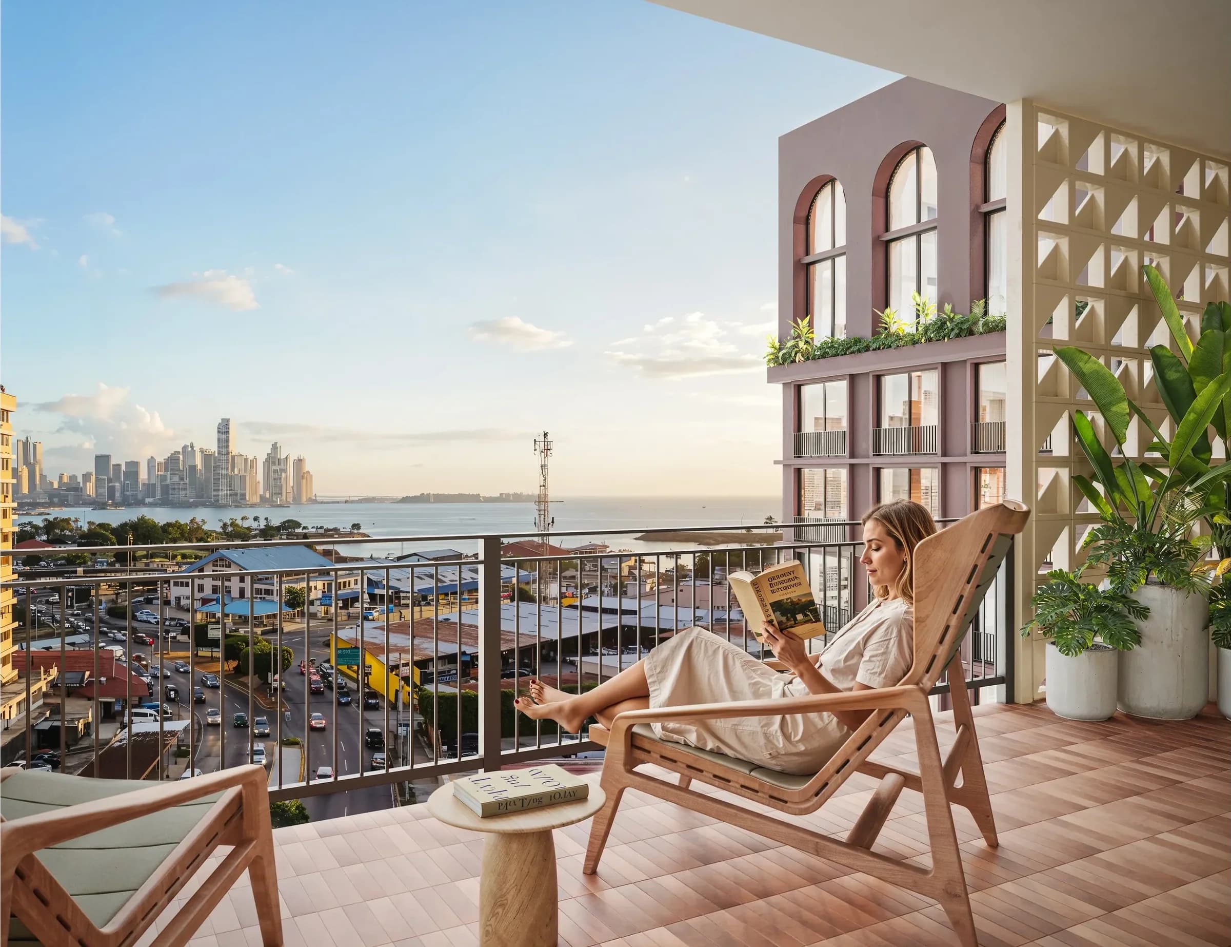 Balcony of a Vanguardia apartment overlooking the bay and the city