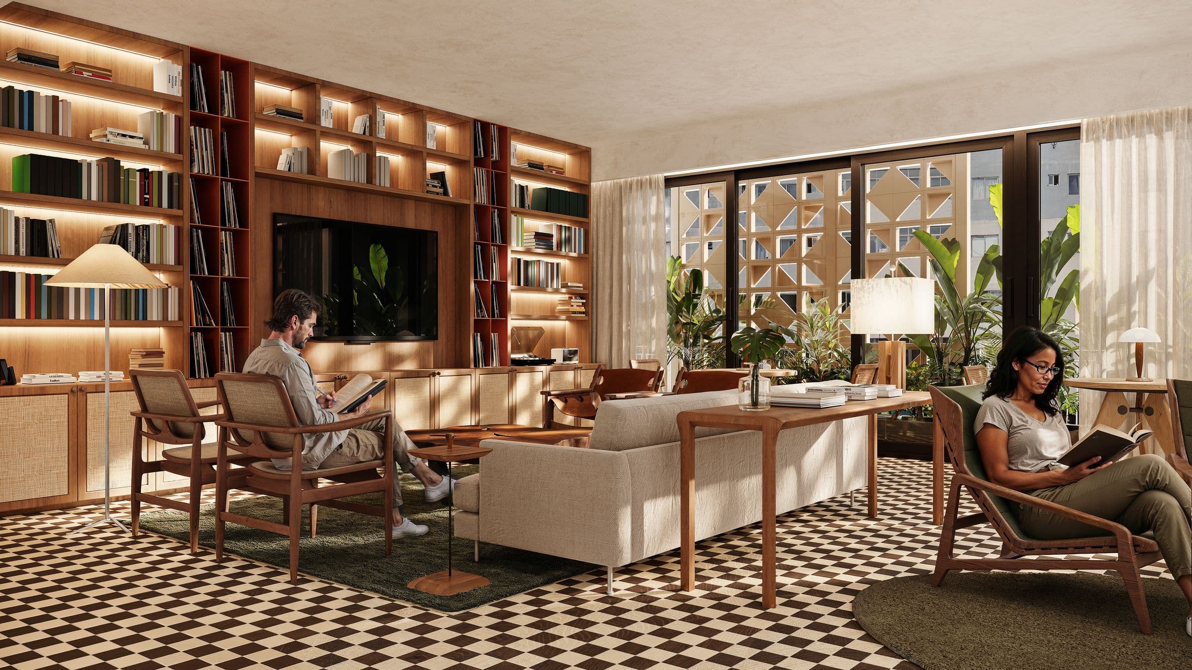 Library lounge in the mid-century style of Vanguardia