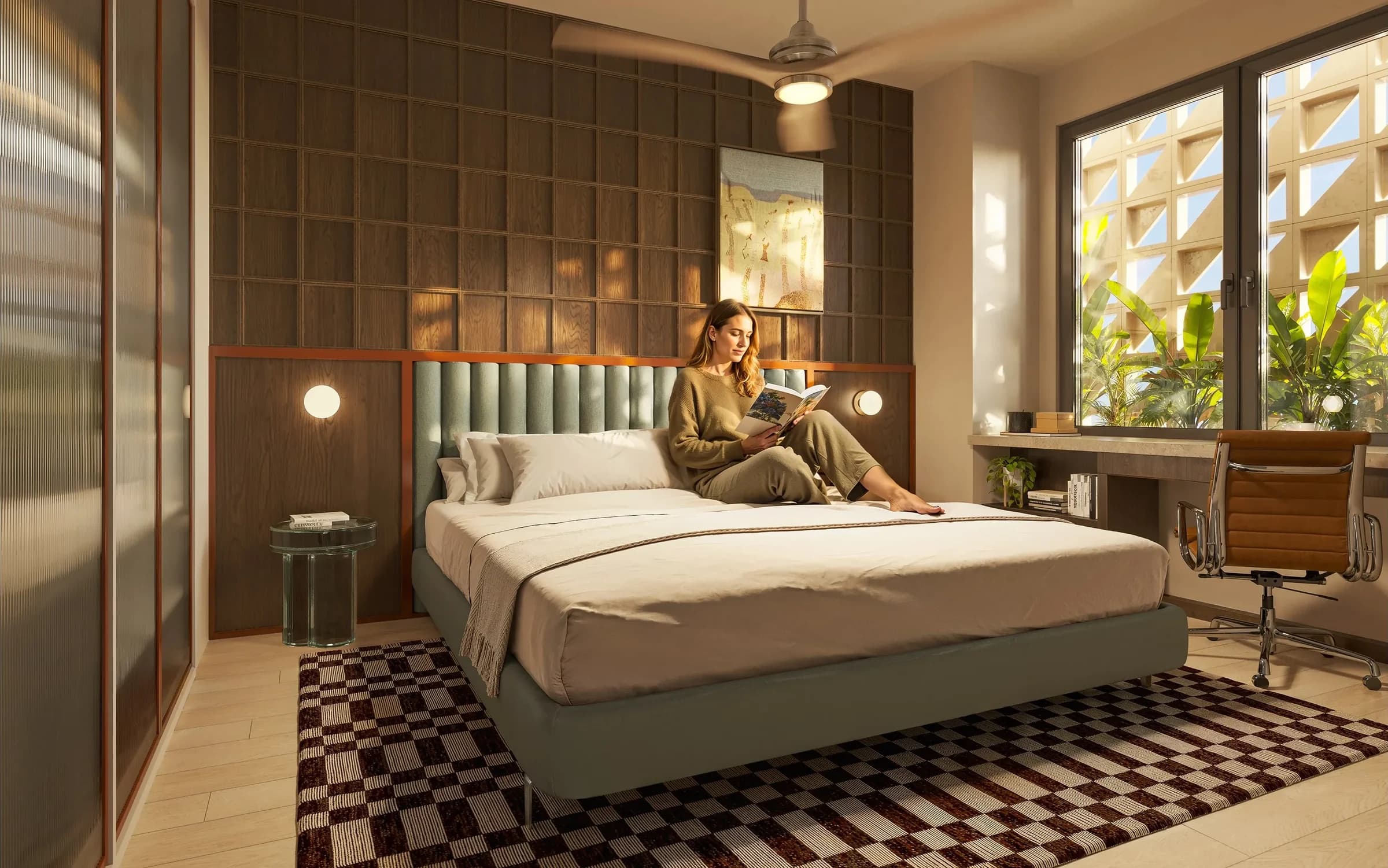 Bedroom with a patterned screen window in a Vanguardia apartment