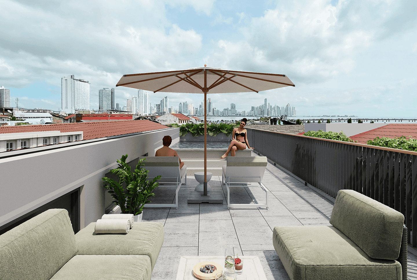 Rooftop terrace with lounge seating and city views at Antigua Casa López