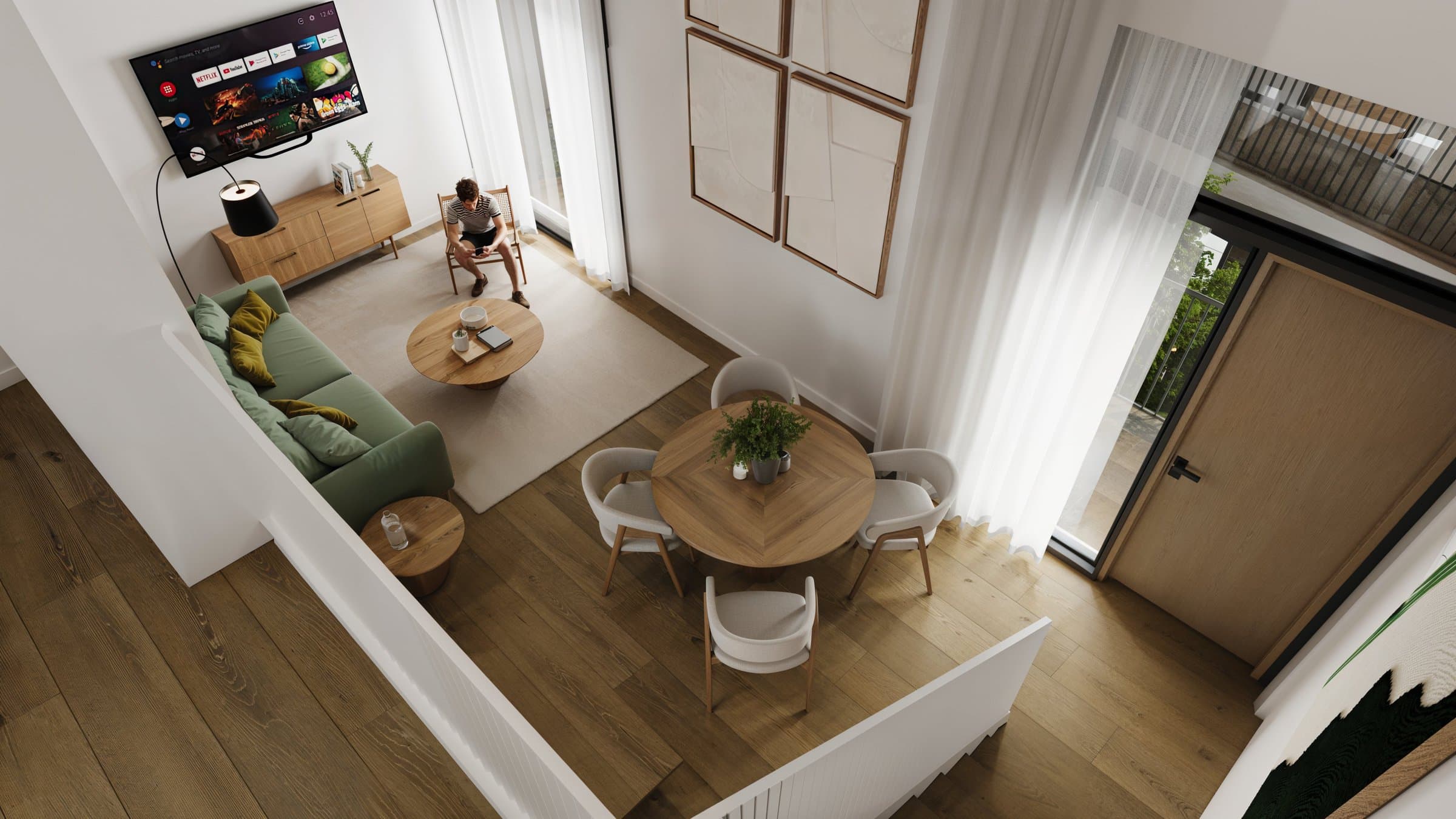 Double-height loft apartment seen from the mezzanine at Antigua Casa López