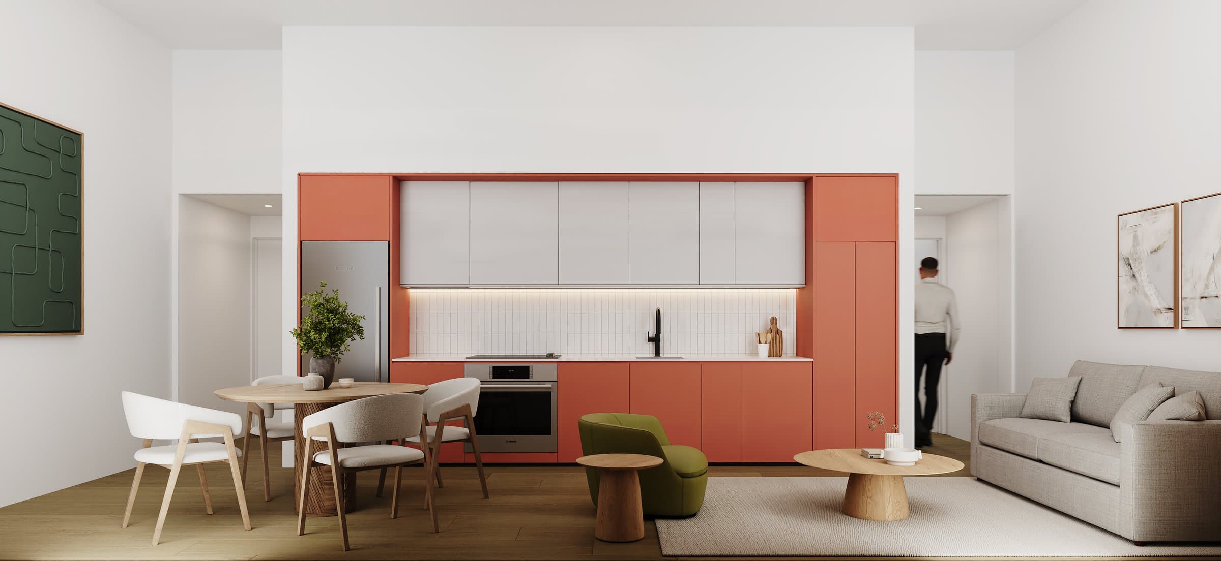 Open kitchen, dining and living area of a flat at Antigua Casa López
