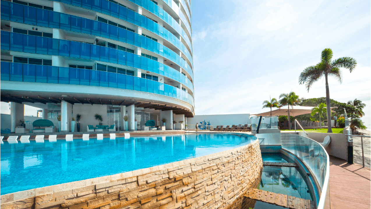 Ocean Waves pool at the foot of the curved tower