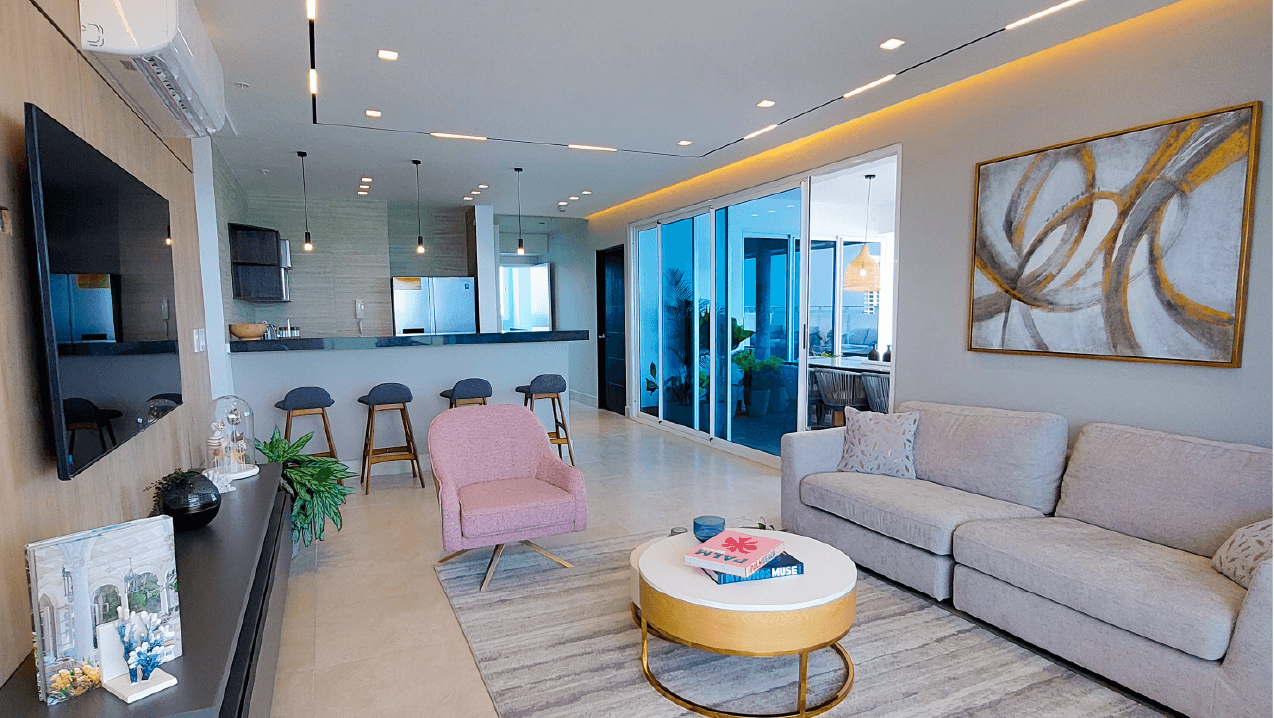 Ocean Waves apartment living room with open kitchen