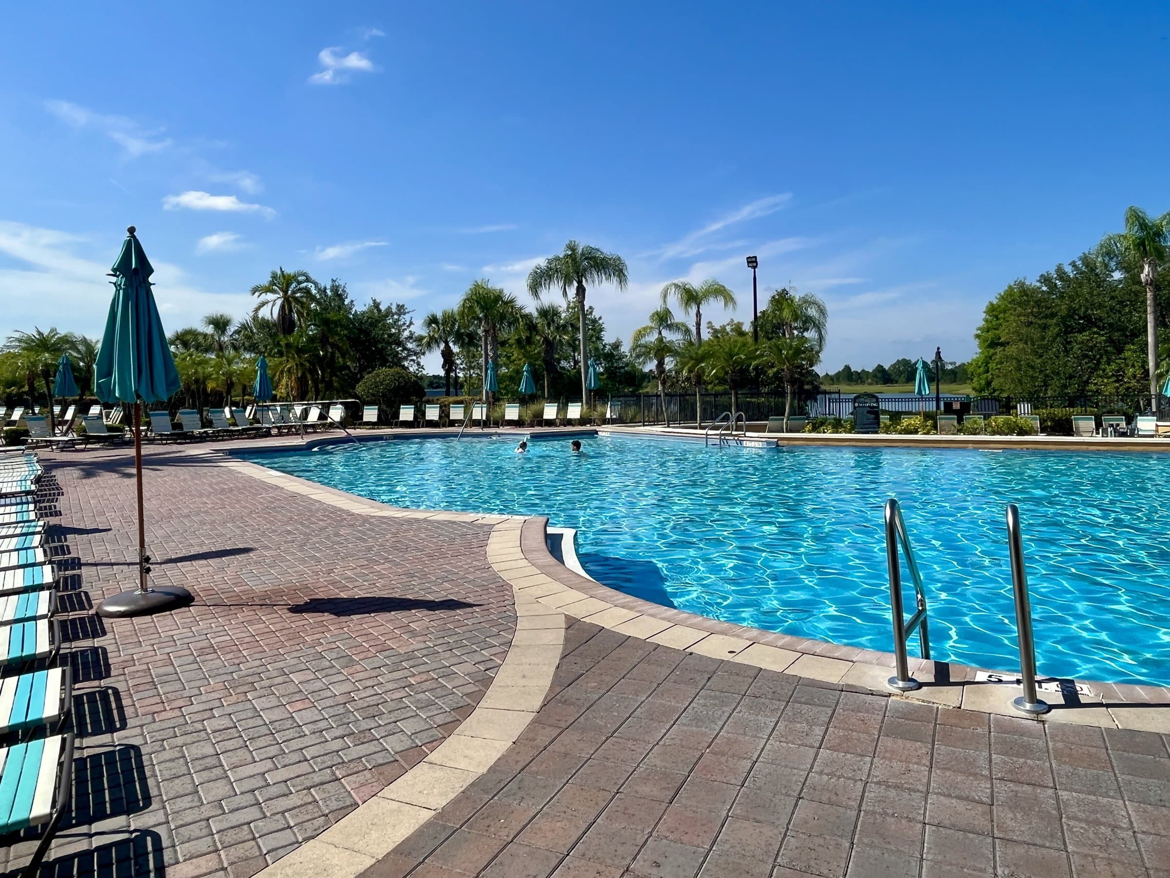 Outdoor swimming pool with clear blue water, brick deck, sun loungers and palm trees on a sunny day