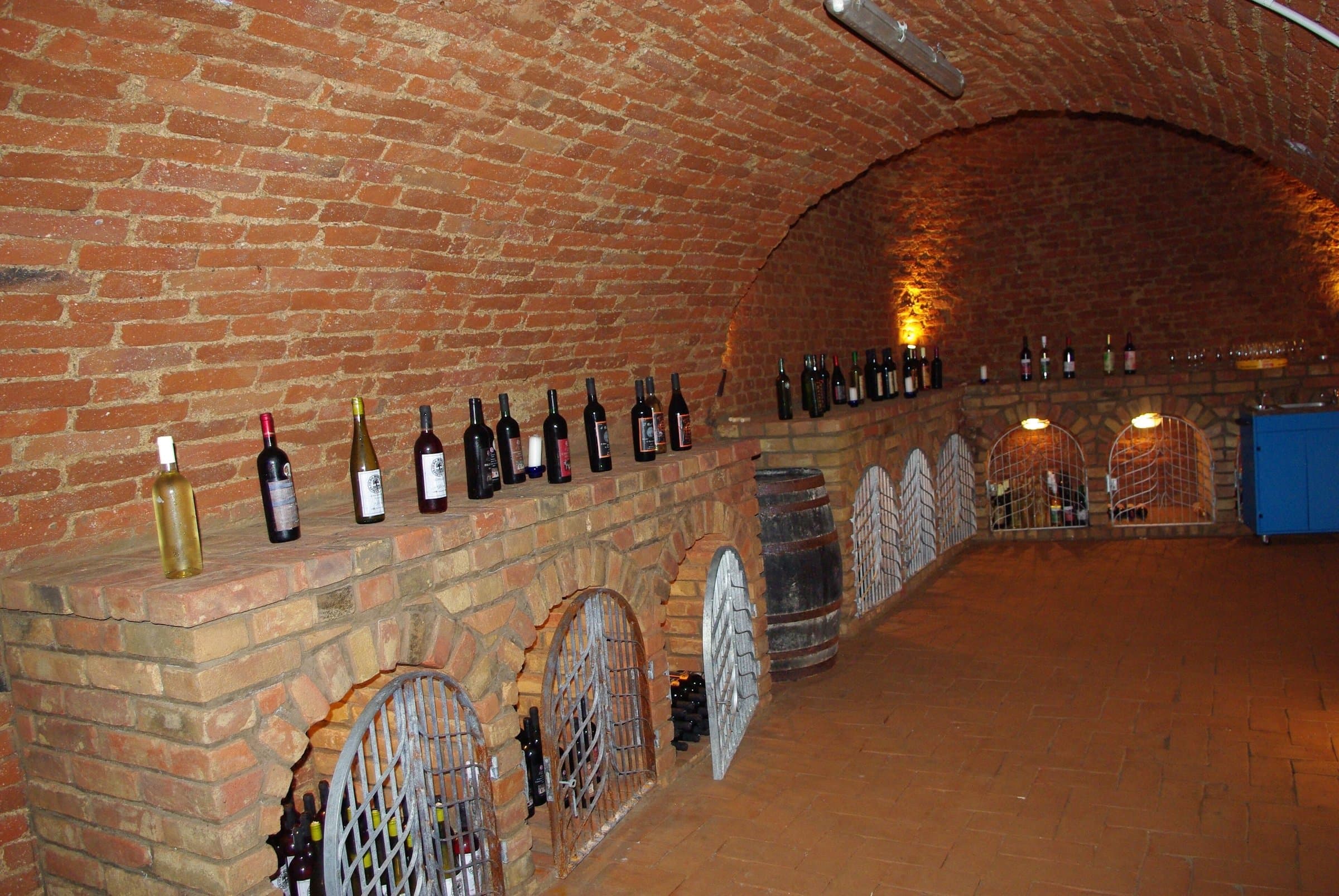 Vaulted brick wine cellar with bottles lined along a ledge, a wooden barrel and gated storage niches