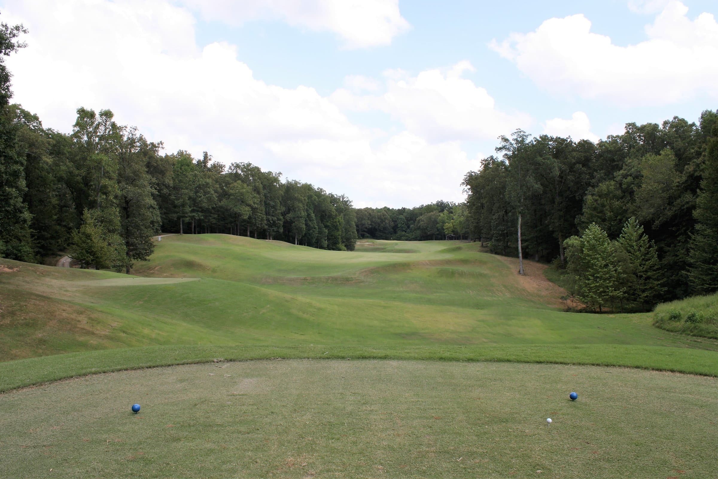 Rolling golf course fairway lined with dense green woodland under a bright sky with white clouds