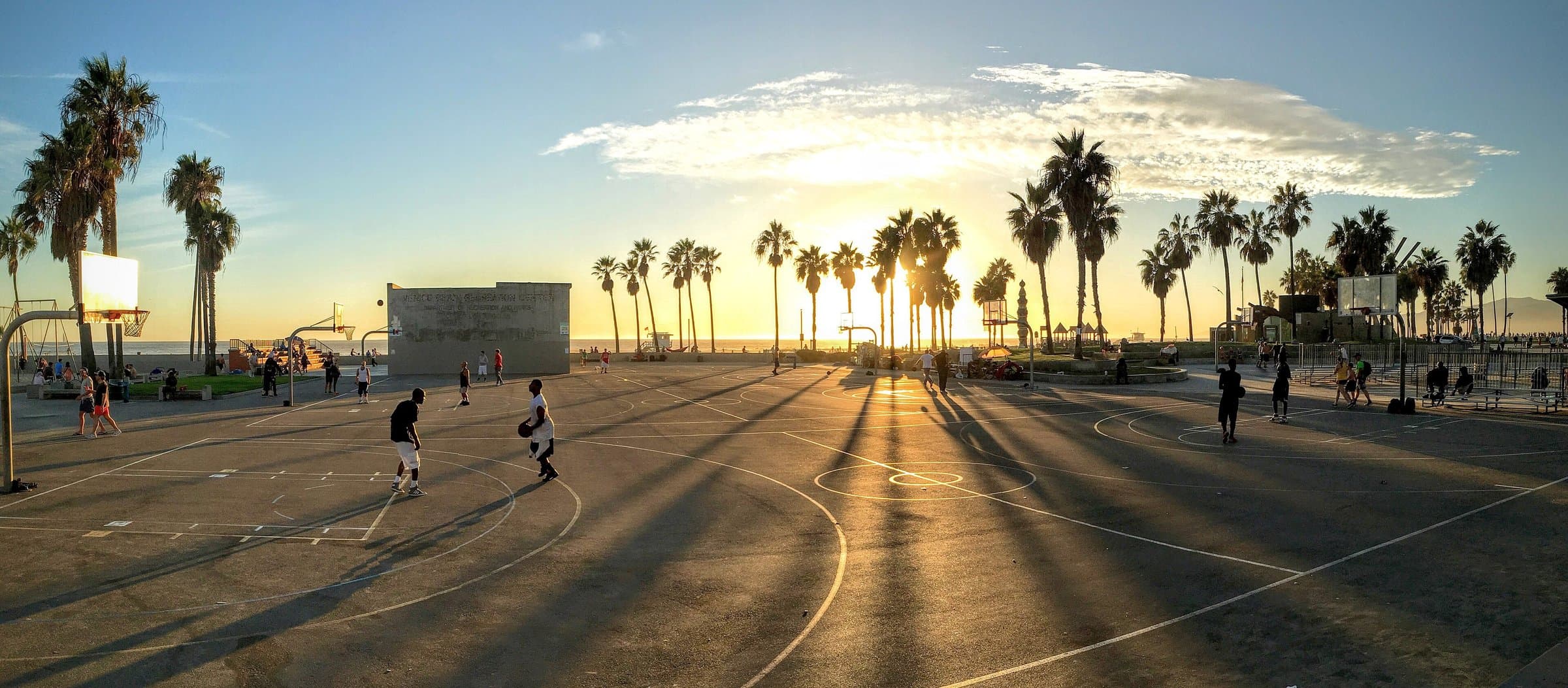 Outdoor basketball courts lined with palm trees at sunset, with players on the court